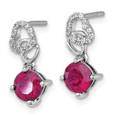 Sterling Silver Rhodium-plated Polished Round Lab Created Ruby and CZ Heart Post Dangle Earrings